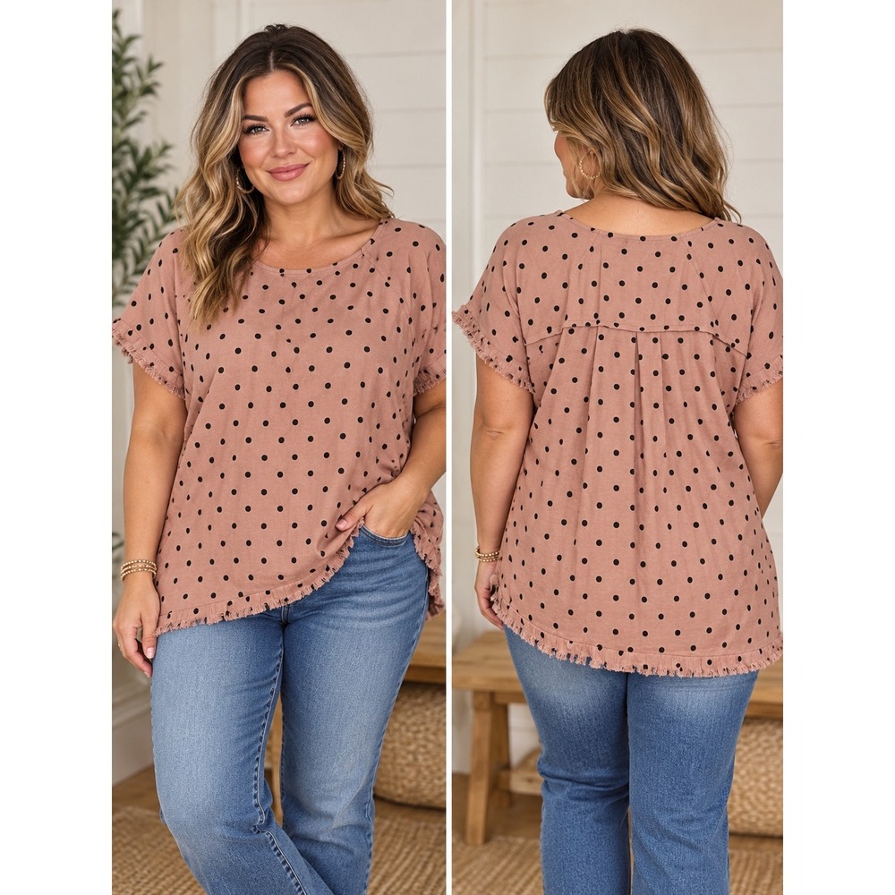 Umgee Polka Dot Linen Cotton Fringe Trim Tunic Top XL Dusty Rose Black